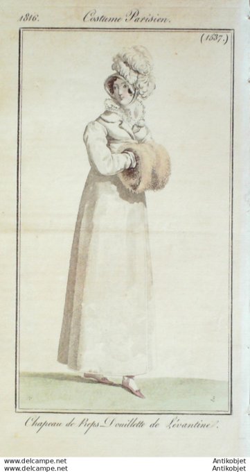 Gravure de mode Costume Parisien 1816 n°1537 Douillette de Lévantine