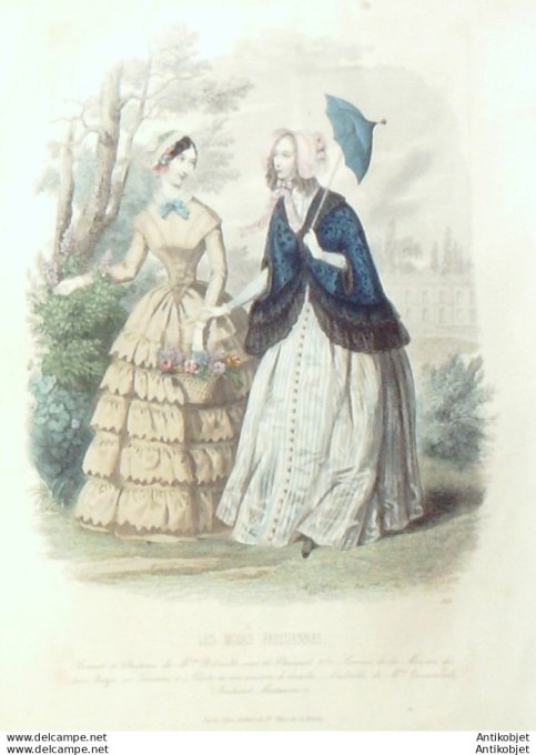Gravure Les Modes Parisiennes 1846 # 163 Visite de soie Maison Lemaréchal