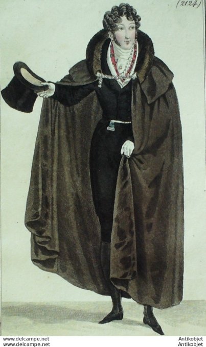 Gravure de mode Costume Parisien 1823 n°2124 Manteau homme de loutre à collet