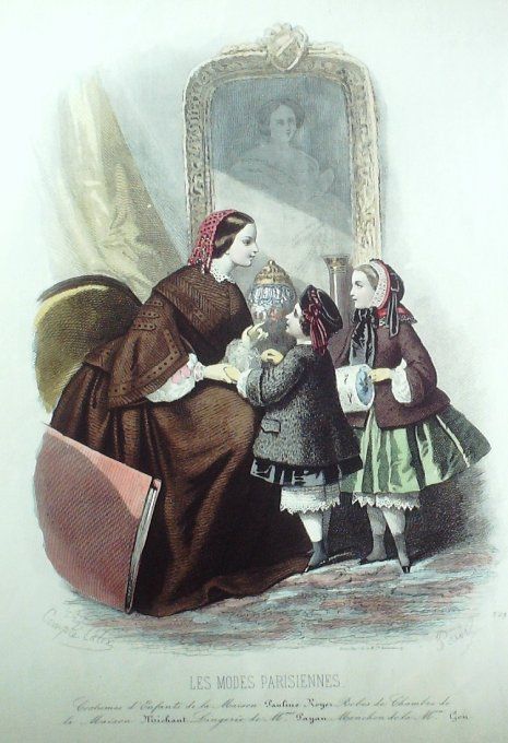 Gravure Les Modes Parisiennes 1854 # 729 Costumes enfants Maison Royer