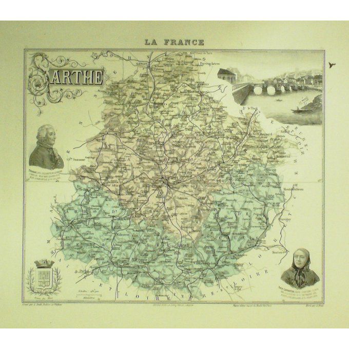 Carte Sarthe (72) Le Mans Graveur Lecoq Waltner Barbier 1868