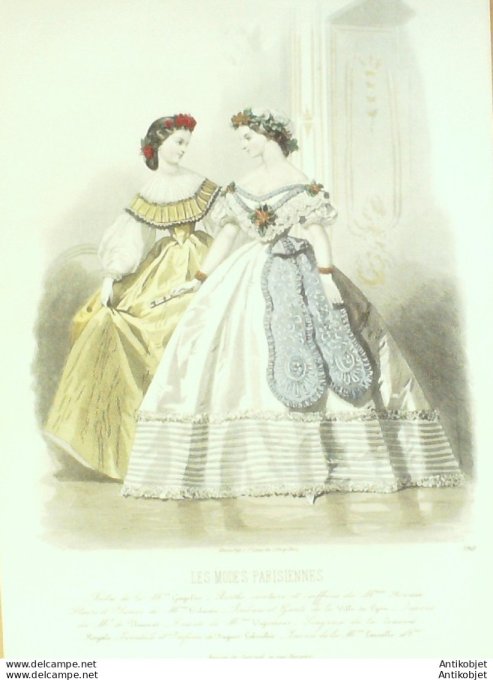 Gravure Les Modes Parisiennes 1862 # 990 Robes de bal Maison Gagelin