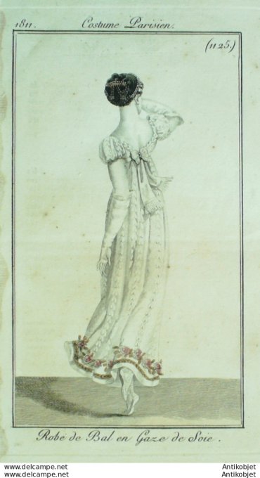 Gravure de mode Costume Parisien 1811 n°1125 Robe de bal en gaze de soie