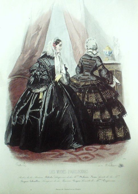 Gravure Les Modes Parisiennes 1854 # 730 Robes de soirée Maison Delisle