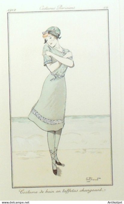Gravure de mode Costume Parisien 1912 pl.14 PECOUD André-Costume de bain
