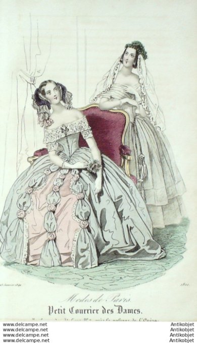 Gravure Mode Courrier des Dames 1842 # 1801 (eau forte old Fashion plate)