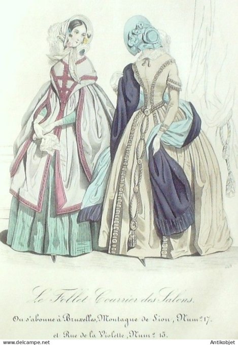 Gravure Mode Le Follet 1840 # 469 (aquarelle Old Fashion plate)