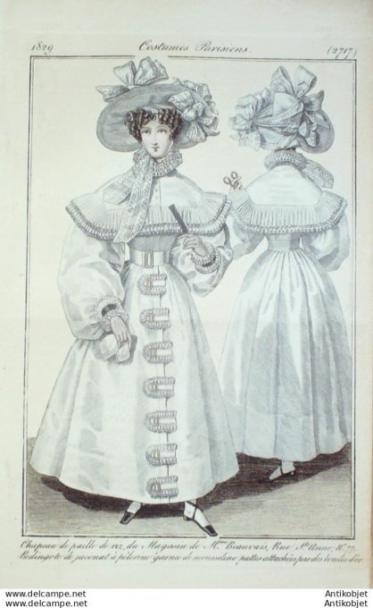 Costume Parisien 1829 # 2717 Redingote Jaconnat à pélerine