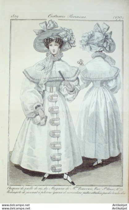 Gravure de mode Costume Parisien 1829 n°2717 Redingote Jaconnat à pélerine