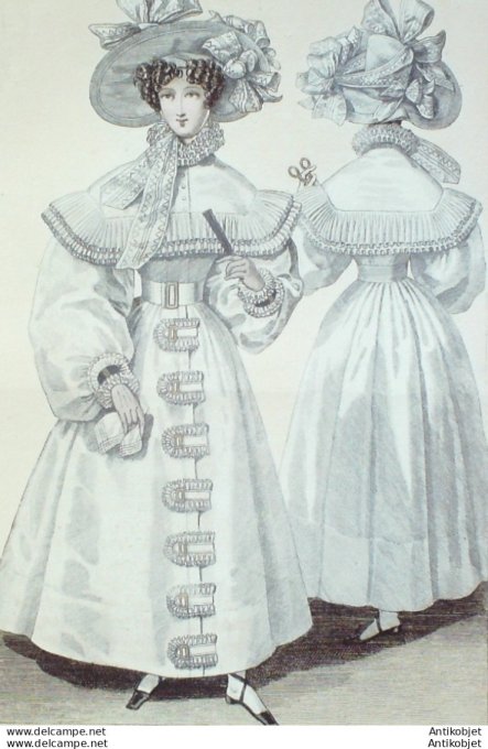 Gravure de mode Costume Parisien 1829 n°2717 Redingote Jaconnat à pélerine