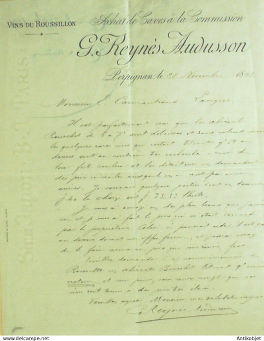 Lettre Ciale P.Reynès Audusson (vins du Roussillon) 1891 Perpignan (66)