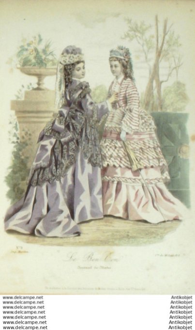 Gravure Mode Le Bon Ton 1872 #  9 (aquarelle old fashion plate)