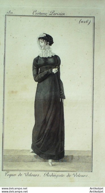 Gravure de mode Costume Parisien 1811 n°1126 Redingote velours