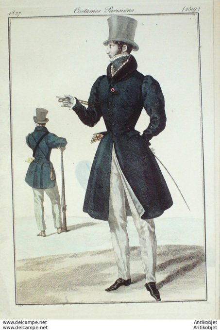 Gravure de mode Costume Parisien 1827 n°2519 Redingote de drap à collet homme