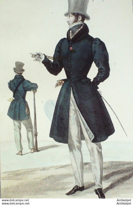 Gravure de mode Costume Parisien 1827 n°2519 Redingote de drap à collet homme