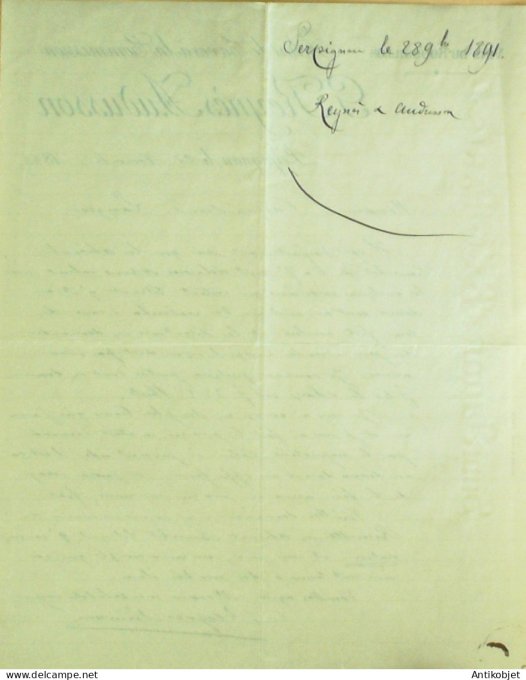 Lettre Ciale P.Reynès Audusson (vins du Roussillon) 1891 Perpignan (66)