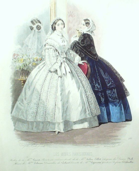 Gravure Les Modes Parisiennes 1855 # 733 Robe de Mariée Maison Fauvet