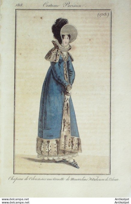 Gravure de mode Costume Parisien 1818 n°1713 Cornette de mousseline