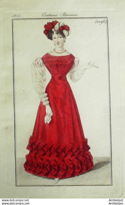 Gravure de mode Costume Parisien 1825 n°2298 Robe velours brodée garnie