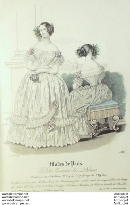 Gravure Mode Courrier des Dames 1839 # 1568 (eau forte old Fashion plate)