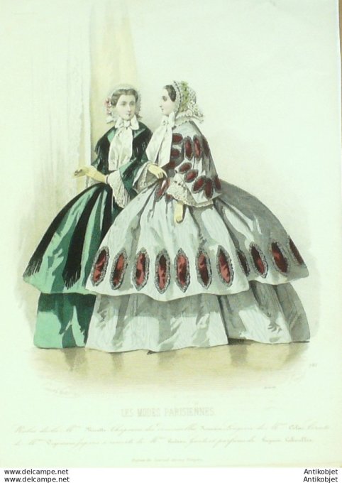 Gravure Les Modes Parisiennes 1858 # 785 Robes d'intérieur Maison Minette