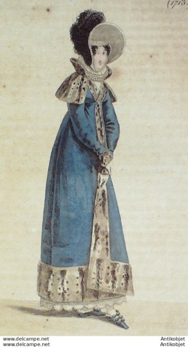 Gravure de mode Costume Parisien 1818 n°1713 Cornette de mousseline