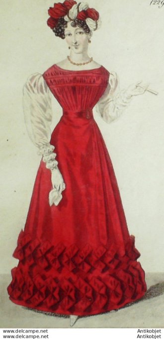 Gravure de mode Costume Parisien 1825 n°2298 Robe velours brodée garnie