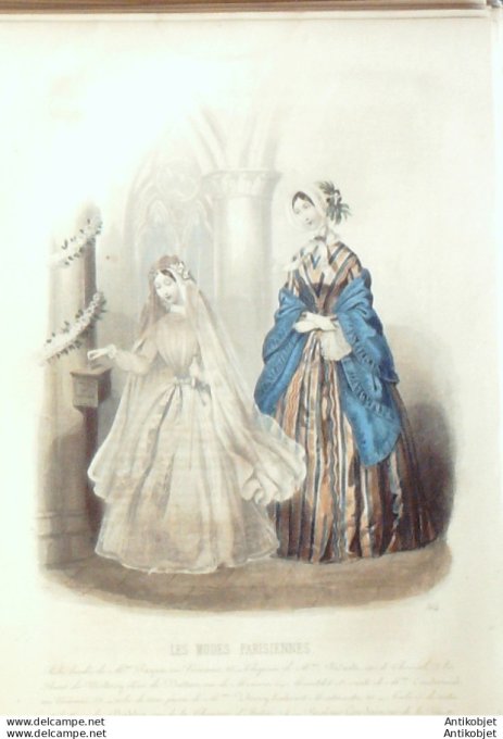 Gravure Les Modes Parisiennes 1846 # 164 Robe brodée Maison Payan