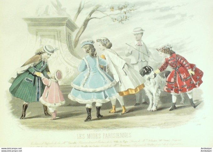 Gravure Les Modes Parisiennes 1865 #1190 Costumes enfants Maison Lassalle Chien