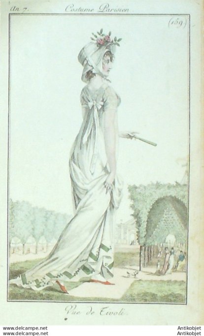 Gravure de mode Costume Parisien 1799 n° 159 (An 7) Vue de Tivoli