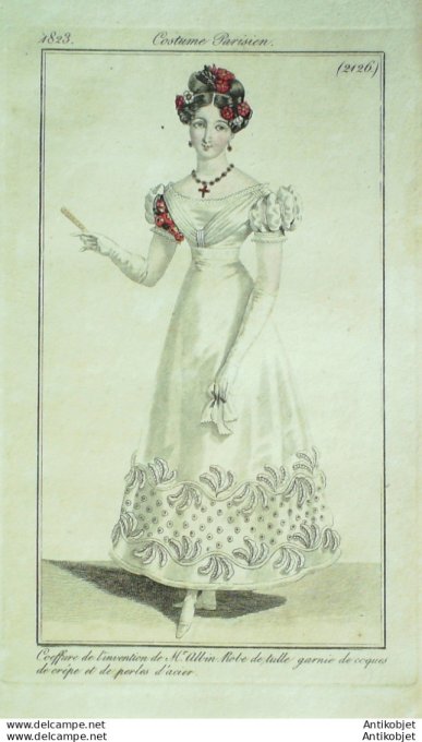 Gravure de mode Costume Parisien 1823 n°2126 Robe de tulle et  coques