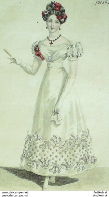 Gravure de mode Costume Parisien 1823 n°2126 Robe de tulle et  coques