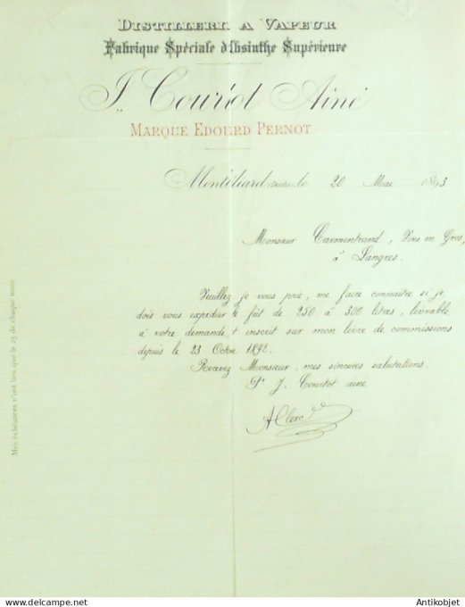 Lettre Ciale F.Coutot Aimé (Distillerie) 1893 Montbéliard (25)
