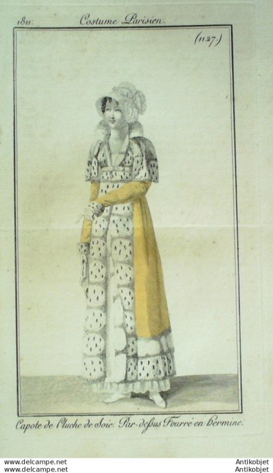 Gravure de mode Costume Parisien 1811 n°1127 Pardessus fourré en hermine