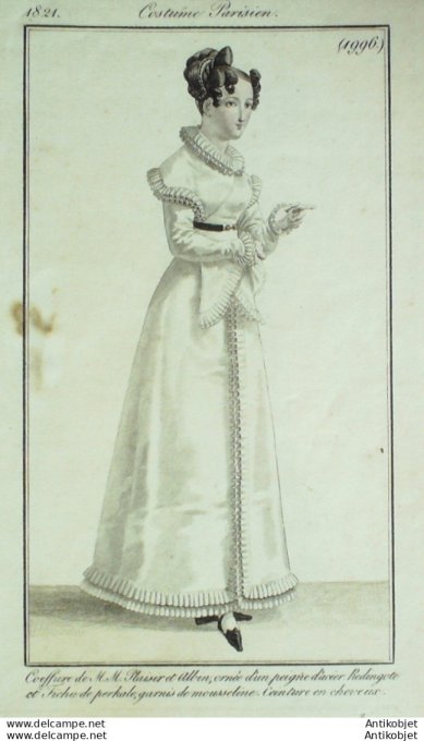 Gravure de mode Costume Parisien 1821 n°1996 Redingote et fichu de perkale