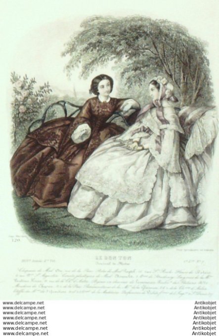 Gravure Mode Le Bon Ton 1857 24 # 7 (aquarelle old fashion plate)