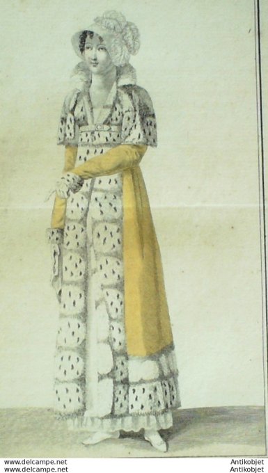 Gravure de mode Costume Parisien 1811 n°1127 Pardessus fourré en hermine