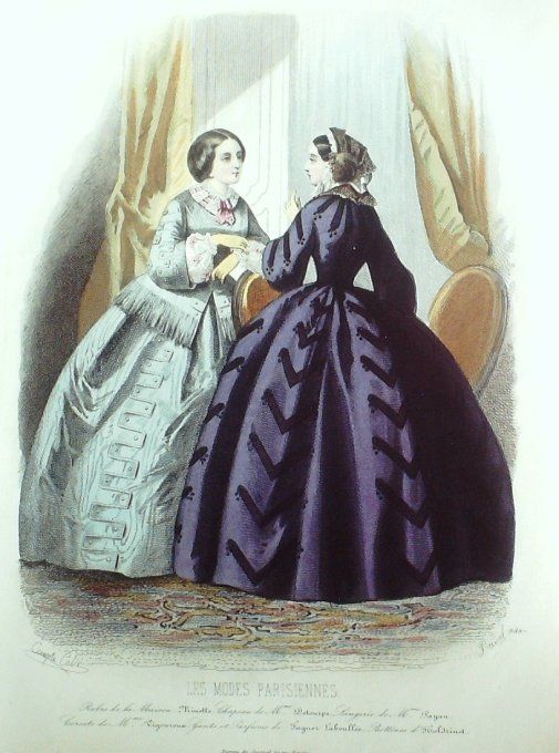 Gravure Les Modes Parisiennes 1855 # 736 Robes de Barèges Maison Minette