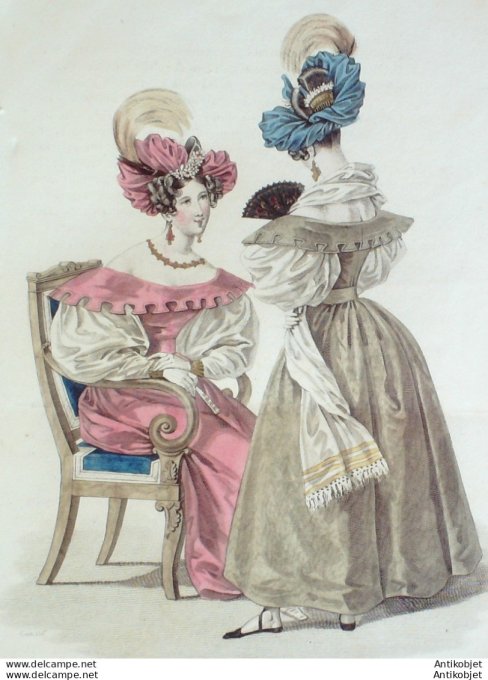 Costume Parisien 1832 # 2974 Turban de gaze orné doiseau