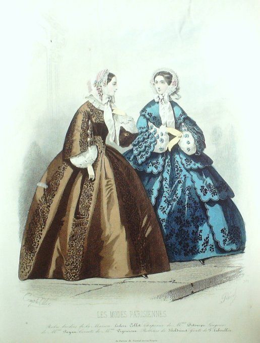 Gravure Les Modes Parisiennes 1855 # 737 Robes brodées Maison Collot