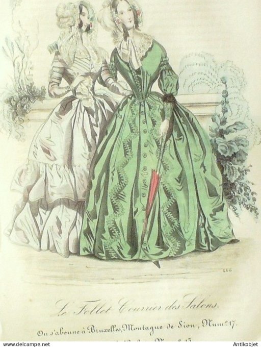 Gravure Mode Le Follet 1840 # 466 (aquarelle Old Fashion plate)