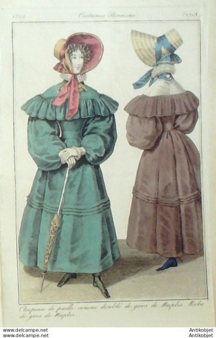 Gravure de mode Costume Parisien 1829 n°2718 Robe gros de Naples chapeau de paille
