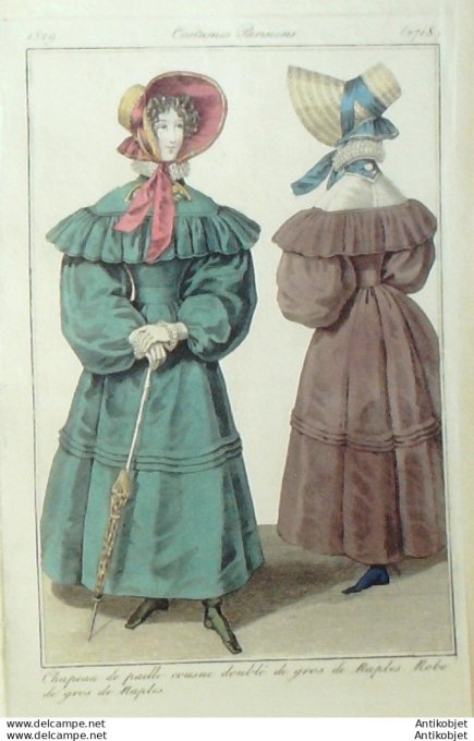 Costume Parisien 1829 # 2718 Robe gros de Naples chapeau de paille