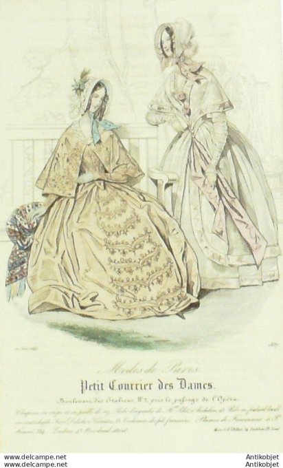 Gravure de mode Petit courrier des Dames 1842 n°1837 Robes d'organdi & foulard