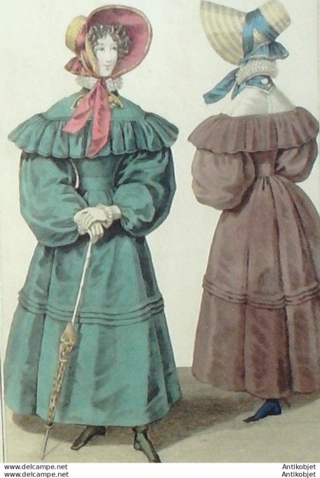 Gravure de mode Costume Parisien 1829 n°2718 Robe gros de Naples chapeau de paille