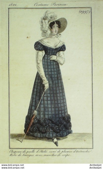 Gravure de mode Costume Parisien 1821 n°1997 Robe de barèges manches de crêpe