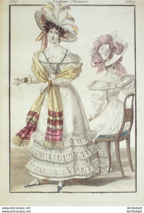 Gravure de mode Costume Parisien 1827 n°2521 Robe mousseline garnie de coques