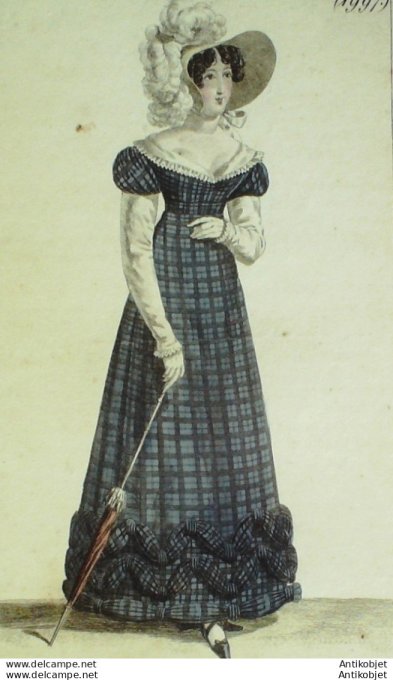 Gravure de mode Costume Parisien 1821 n°1997 Robe de barèges manches de crêpe