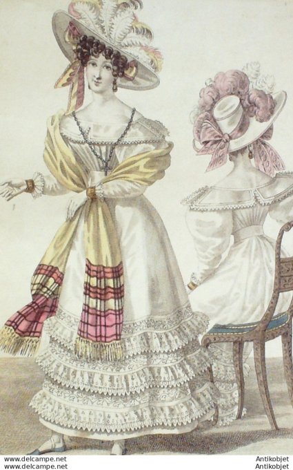 Gravure de mode Costume Parisien 1827 n°2521 Robe mousseline garnie de coques