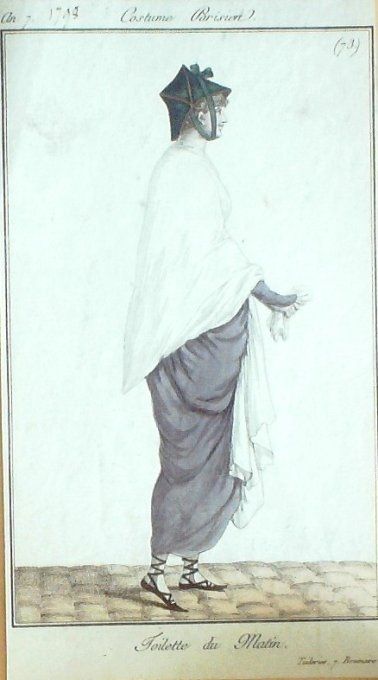 Gravure Mode Costume Parisien 1798 an  7 #  73 (eau forte old Fashion plate